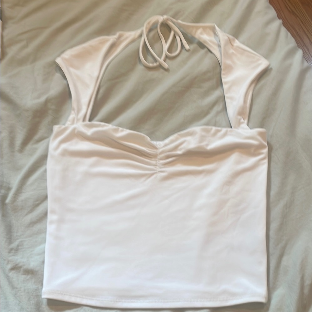 Garage White Halter Ruched Tank Top